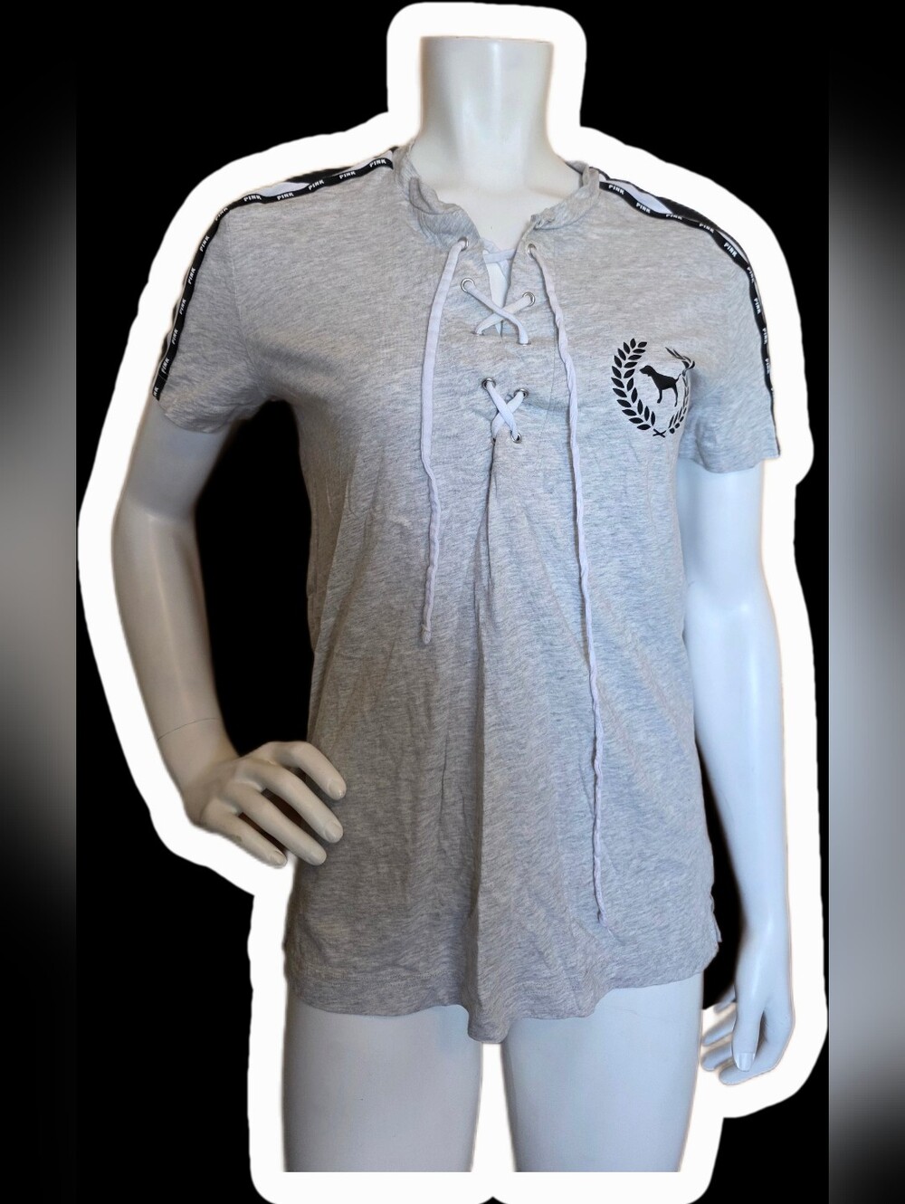 PINK Victoria's Secret Oversized Light Gray Lace-Up Short Sleeve Tee